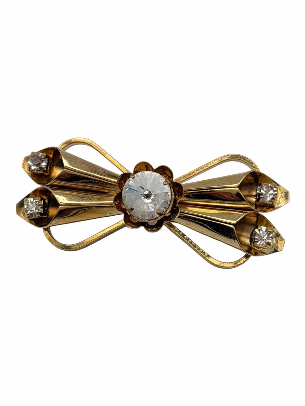 Vintage Gold Tone Rhinestone Bow Brooch Large Center Stone